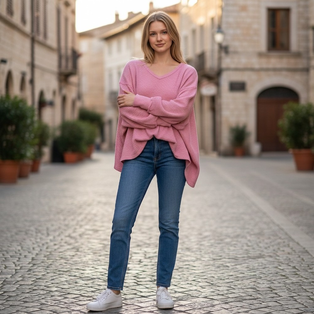 We The Free Pink Oversized Waffle Knit V-Neck High Low Thermal Top XS